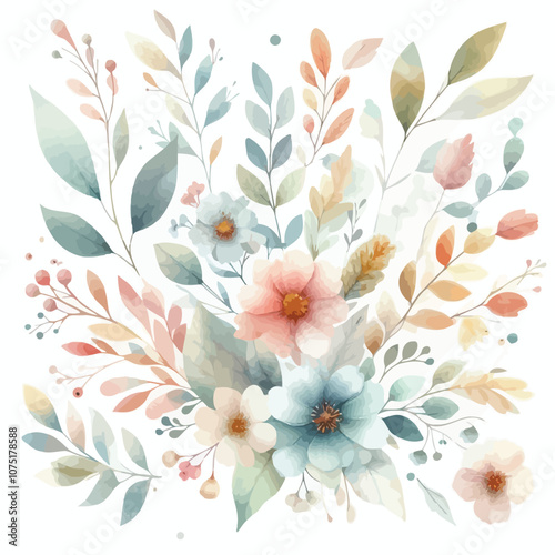 Wallpaper Mural Whimsical watercolor floral with leaves and soft pastel blooms in a boho aesthetic. Torontodigital.ca