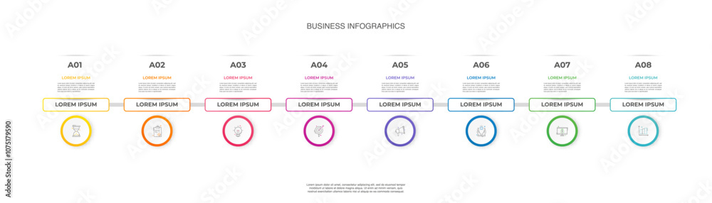 Fototapeta premium Infographics circle timeline with eight templates, icons, labels. Vector business illustrations can be used for process diagram, workflow layout, flowchart, business step, banner, web.