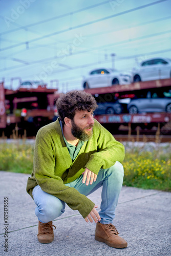 Man in green cardigan and light jeans squatting by a road with a train overhead and cars in the background. photo