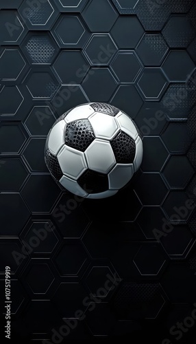 Classic Black and White Soccer Ball on a Modern Dark Geometric Background with Dramatic Lighting
