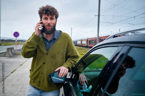 A man with curly hair stands by a car, talking on his mobile phone with a concerned expression, Belgium