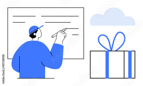 Man writing on a whiteboard wearing a hat next to a gift box and cloud. Ideal for education, brainstorming, planning, presentations, celebrations, cloud services, remote work. Line metaphor