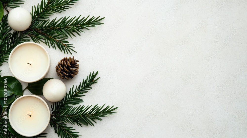 A serene arrangement of candles and pine branches, creating a festive atmosphere perfect for holiday decor. A serene arrangement of candles and pine branches, creating a festive atmosphere perfect for holiday decor.