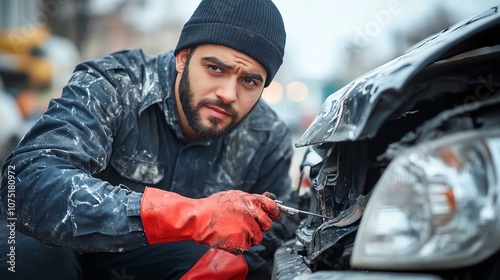 A young man in work clothes and gloves is repairing a damaged car, looking directly at the camera.