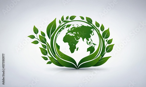 A simple green world surrounded by leaves on a light grey background