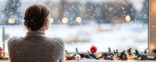 Woman gazing at snowfall through a cozy window during winter.