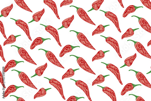 Pimientos rojos ilustrados a mano y sobre fondo blanco.  Estilo mantel para restaurante
