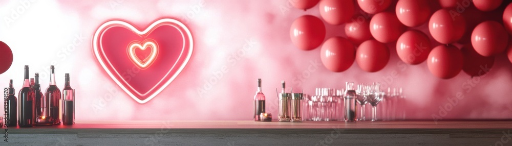 Stylish bar counter adorned with heart balloons and neon decor. Stylish bar counter adorned with heart balloons and neon decor.