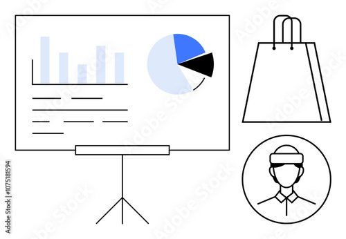 Graph and pie chart on screen stand, shopping bag, and customer representative icon. Ideal for business strategy, consumer behavior, retail analytics, sales training, e-commerce, marketing customer