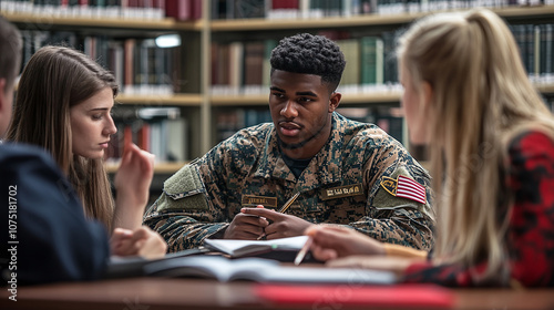 A group of veteran students discussing coursework in a college library, using their military scholarships to further their education