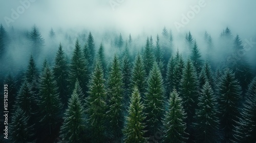 Misty forest landscape with tall evergreen trees.