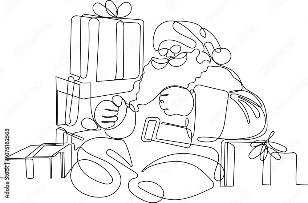 Character With A Sack Full Of Gifts. Vector Hand Drawn Illustration. One continuous line drawing Santa Claus on reindeer and sled. concept for Christmas and New Year Character With A Sack Full Of Gifts. Vector Hand Drawn Illustration. One continuous line drawing Santa Claus on reindeer and sled. concept for Christmas and New Year