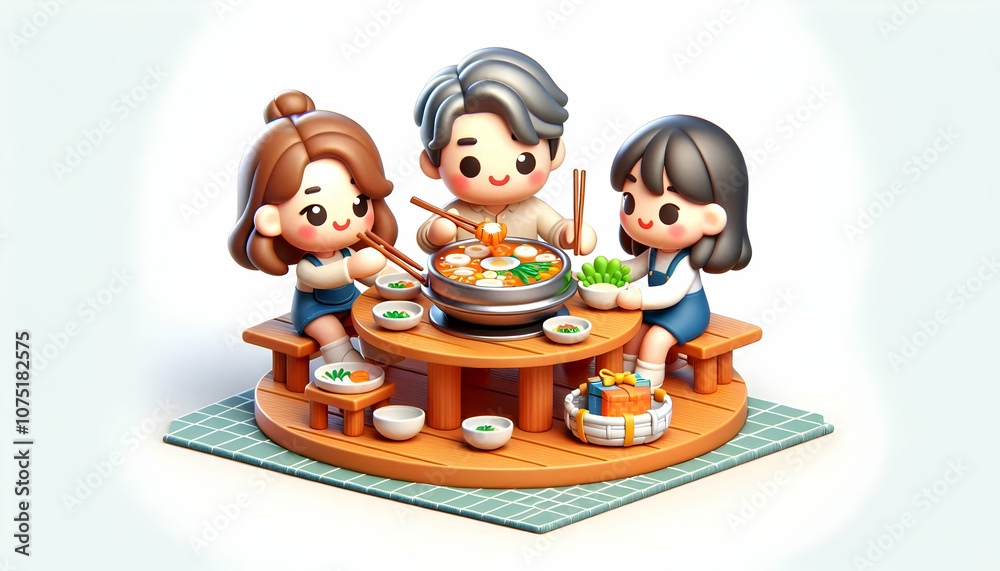 3D Candid Family Jeongol Sharing Seollal Korean Hot Pot Concept Communal Dining Festive Food Sharing Cultural Heritage Ample Copy Space Icon Isolated White Background 3D Candid Family Jeongol Sharing Seollal Korean Hot Pot Concept Communal Dining Festive Food Sharing Cultural Heritage Ample Copy Space Icon Isolated White Background