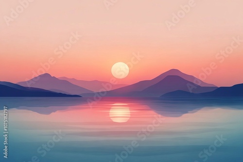 Serene sunset over the sea with mountains, a minimalist flat vector illustration. AI generated illustration