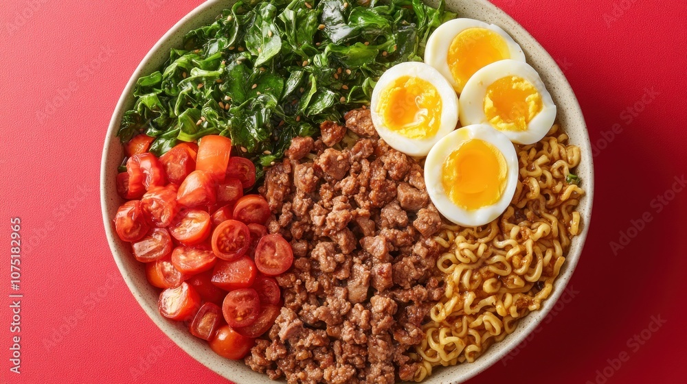 A bowl of ramen noodles with ground beef, cherry tomatoes, spinach, and three hard-boiled eggs.