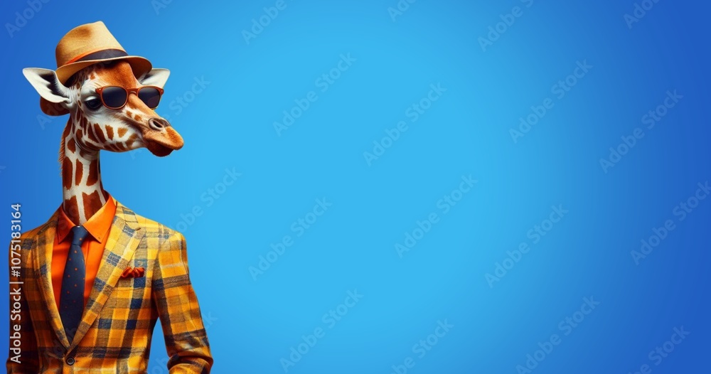Giraffe wearing cool funky fashion dress with sunglasses posing in studio wide banner, stylish giraffe animal Giraffe wearing cool funky fashion dress with sunglasses posing in studio wide banner, stylish giraffe animal