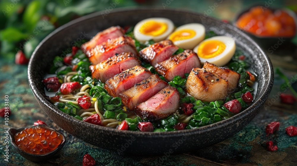 A bowl of ramen noodles with pork, eggs, and greens. A bowl of ramen noodles with pork, eggs, and greens.