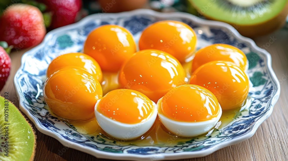 Fresh and Vibrant Egg Yolks on a Decorative Plate Surrounded by Fruits, Showcasing Rich Colors and Textures Perfect for Culinary and Lifestyle Photography Fresh and Vibrant Egg Yolks on a Decorative Plate Surrounded by Fruits, Showcasing Rich Colors and Textures Perfect for Culinary and Lifestyle Photography