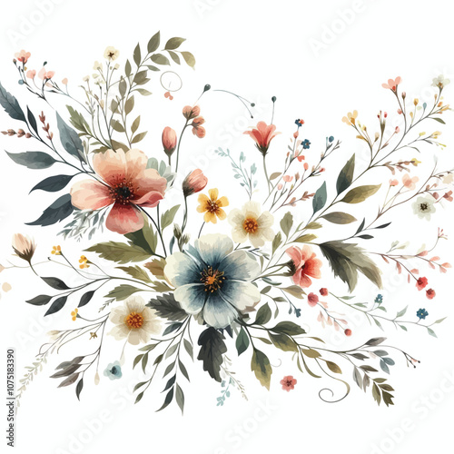 Wildflower-inspired boho watercolor with delicate flowers and leafy vines. vector