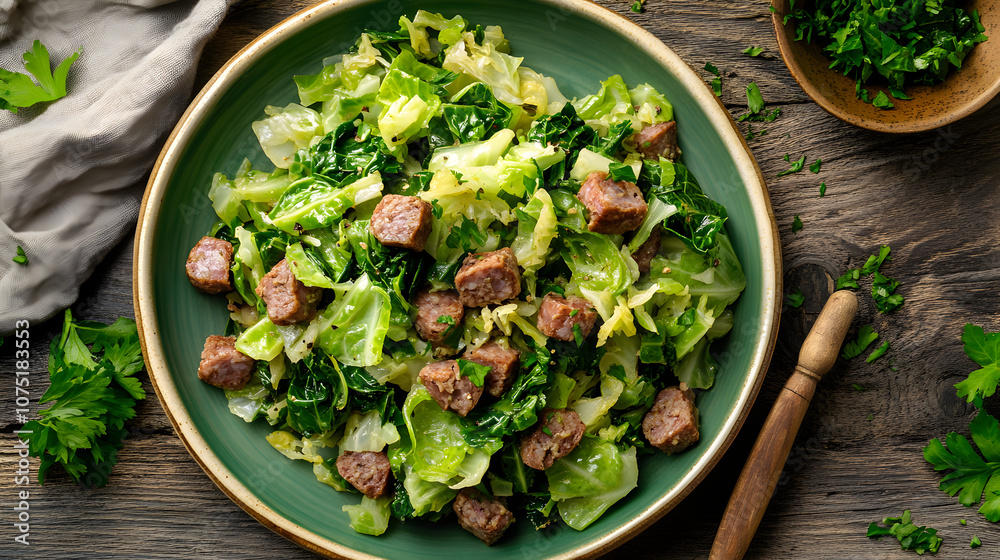 Cooked savoy cabbage on a green plate, next to it are liver sausage-like meat cubes. The dish is beautifully arranged on a rustic wooden table. Cooked savoy cabbage on a green plate, next to it are liver sausage-like meat cubes. The dish is beautifully arranged on a rustic wooden table.