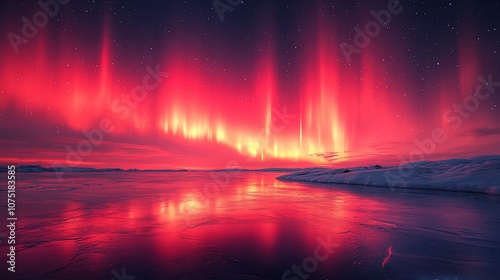 Vibrant red aurora borealis reflected in a frozen lake.