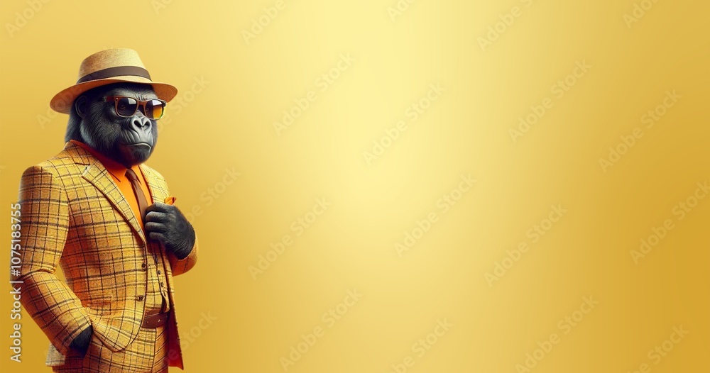 Gorilla wearing cool funky fashion dress with sunglasses posing in studio wide banner, stylish Gorilla animal Gorilla wearing cool funky fashion dress with sunglasses posing in studio wide banner, stylish Gorilla animal