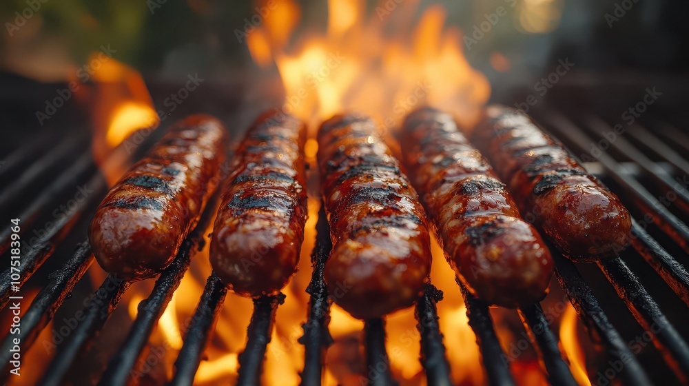 sizzling merguez sausages on a barbecue grill, with flames licking the sides, creating a festive summer party atmosphere filled with delicious aromas sizzling merguez sausages on a barbecue grill, with flames licking the sides, creating a festive summer party atmosphere filled with delicious aromas