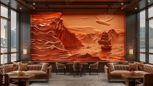 Luxury Lounge with Nautical-Themed Wall Art..
