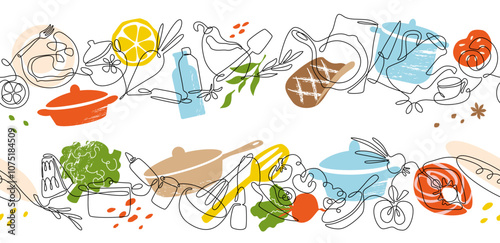 Food background. Line cooking pattern. Healthy kitchen menu. Chefs saucepan. Continuous art. Restaurant lunch. Meal recipe. Cutting vegetables. Color simple drawing. Vector culinary border