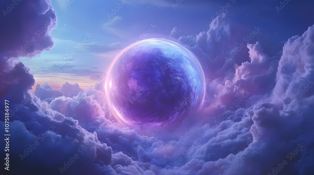 A cosmic landscape with a large, glowing sphere resting on the horizon, surrounded by swirling clouds of electric blue and purple, merging sci-fi with surreal elements. No text, no logo, wide angle A cosmic landscape with a large, glowing sphere resting on the horizon, surrounded by swirling clouds of electric blue and purple, merging sci-fi with surreal elements. No text, no logo, wide angle