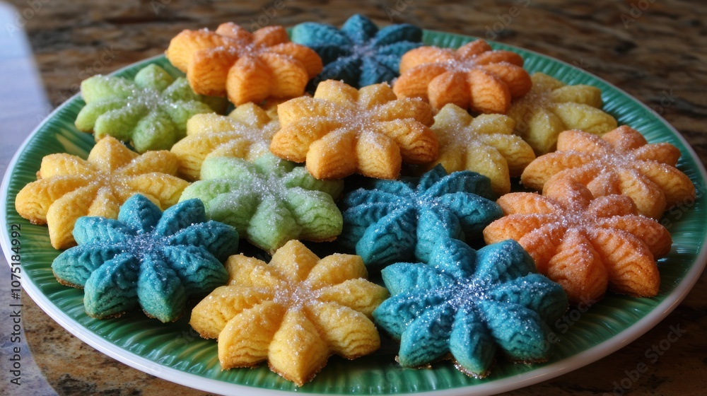 Fototapeta premium A colorful assortment of star-shaped cookies displayed on a green plate.
