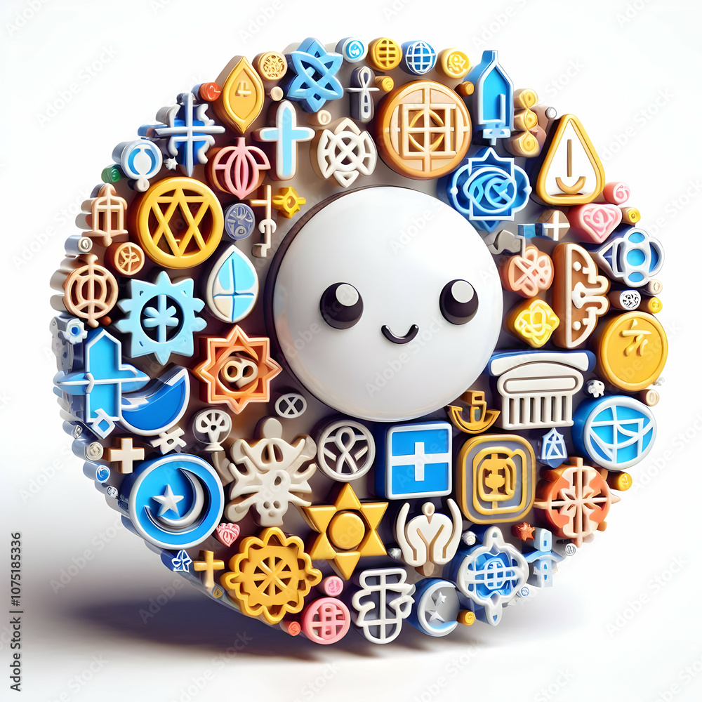 Naklejka premium 3D Glossy Cultural Symbols Collage Representing Unity Diversity World Religion Day Magazine Advertisement with Copy Space Iconic Artwork for Celebrating Global Religious Understanding.