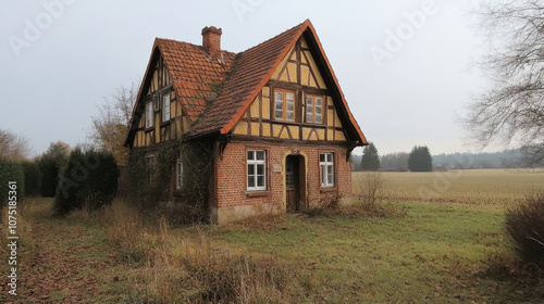 charming small timber framed house in German countryside, surrounded by lush greenery and open fields, evokes sense of tranquility and nostalgia