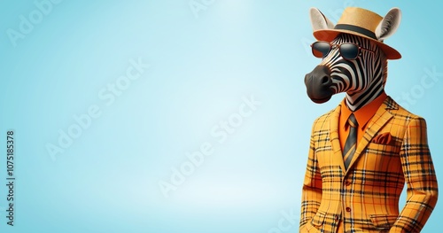 Zebra wearing cool funky fashion dress with sunglasses posing in studio wide banner, stylish Zebra animal