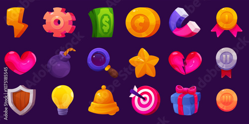Game icons. GUI elements. Diamond or money coin. 2d gem. Key or casino trophy. Love heart. Target arrow. Award medal. Clock and calendar. Lamp lightbulb. Gold star. Vector UI symbols set