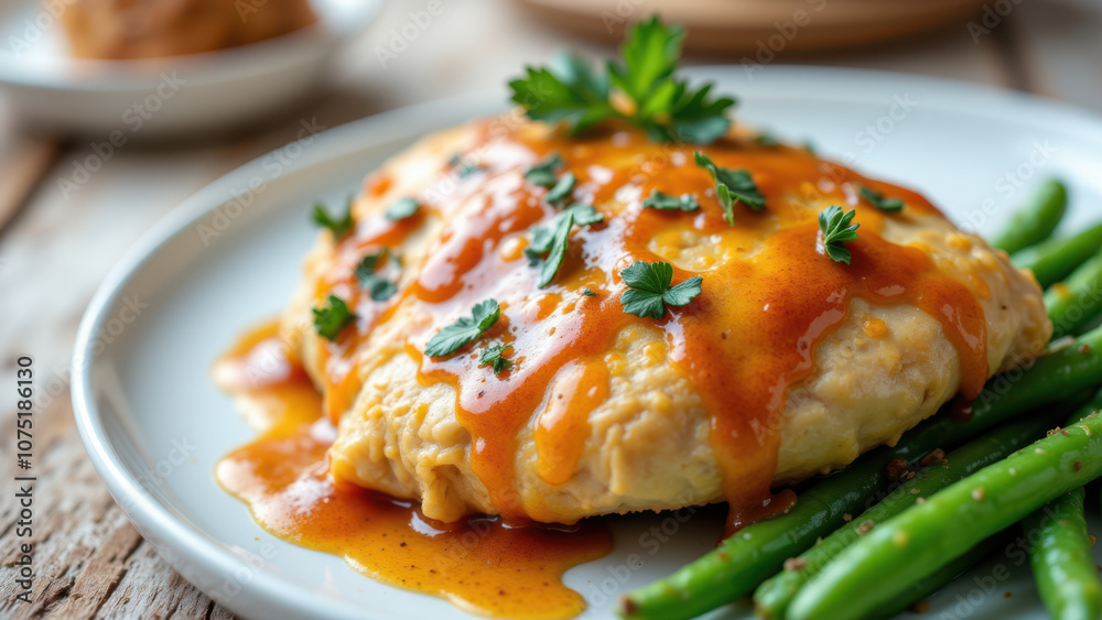 Juicy chicken breast covered with creamy sauce served on a wooden table with green beans as a side dish. Juicy chicken breast covered with creamy sauce served on a wooden table with green beans as a side dish.