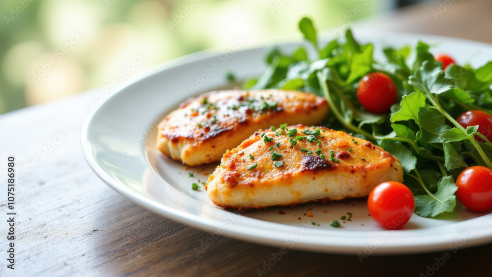 A plated serving of Mary's chicken with lemon wedges and fresh herbs for garnish on a wooden table. A plated serving of Mary's chicken with lemon wedges and fresh herbs for garnish on a wooden table.