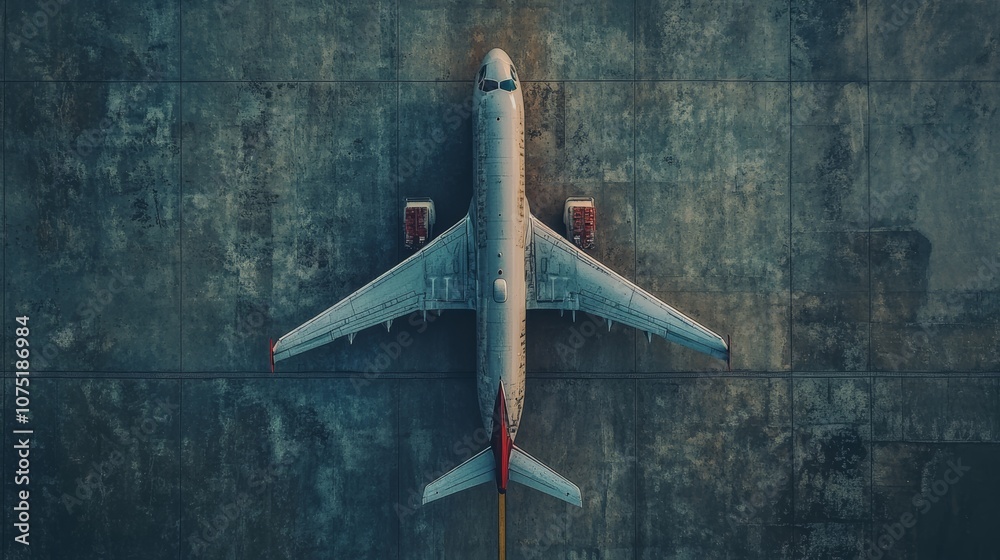 Aerial view of a passenger airplane parked on an airport runway, preparing for departure and the beginning of a journey Aerial view of a passenger airplane parked on an airport runway, preparing for departure and the beginning of a journey