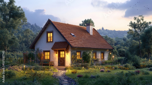 charming small house nestled in European countryside, surrounded by lush greenery and blooming flowers. warm glow from windows invites sense of comfort and tranquility