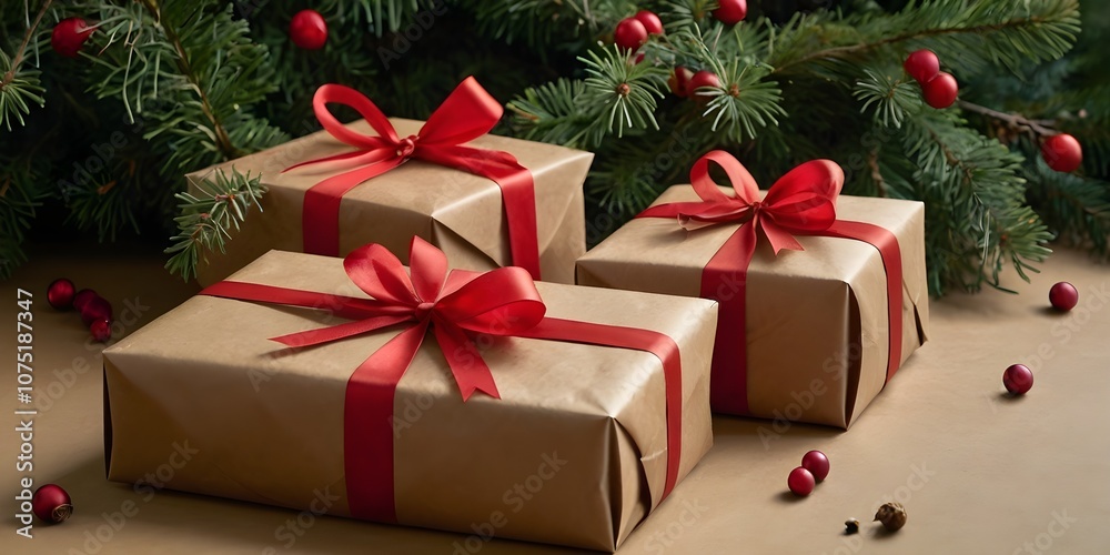 Delightful holiday gifts wrapped in golden and red paper under a beautifully adorned Christmas tree,A gift box wrapped in beige paper with a red rib. Shell and fir branch Delightful holiday gifts wrapped in golden and red paper under a beautifully adorned Christmas tree,A gift box wrapped in beige paper with a red rib. Shell and fir branch