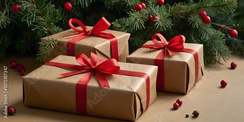 Delightful holiday gifts wrapped in golden and red paper under a beautifully adorned Christmas tree,A gift box wrapped in beige paper with a red rib. Shell and fir branch