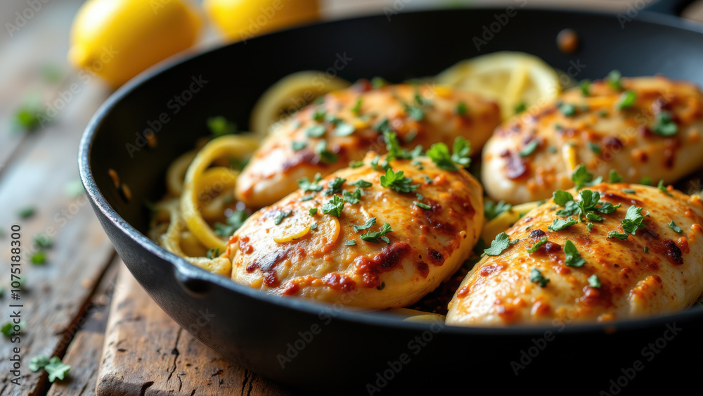 A close-up of a pan filled with breaded chicken cutlets, cooked golden brown and topped with melted cheese, served on a wooden table. A close-up of a pan filled with breaded chicken cutlets, cooked golden brown and topped with melted cheese, served on a wooden table.