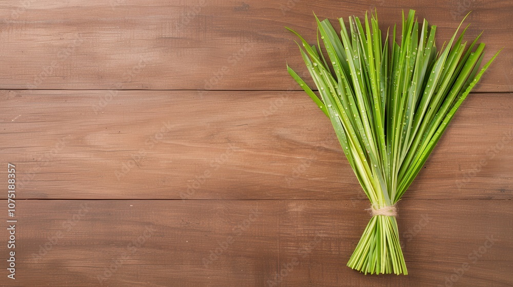 A vibrant bunch of fresh green chives arranged on a wooden surface, showcasing their texture and color. A vibrant bunch of fresh green chives arranged on a wooden surface, showcasing their texture and color.