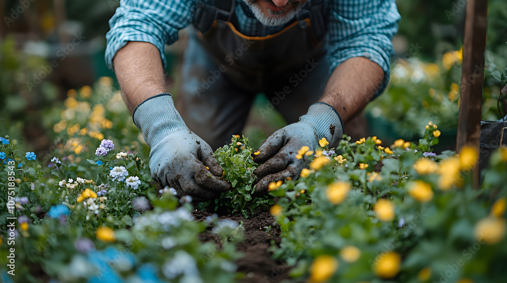 A photo of a middle-aged man wearing gardening gloves, pulling weeds from a garden bed
A photo of a middle-aged man wearing gardening gloves, pulling weeds from a garden bed