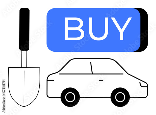 Spade and car outline next to a large blue BUY button symbolize e-commerce. Ideal for online shopping, digital marketplaces, consumer goods, e-commerce platforms, product advertisements, retail