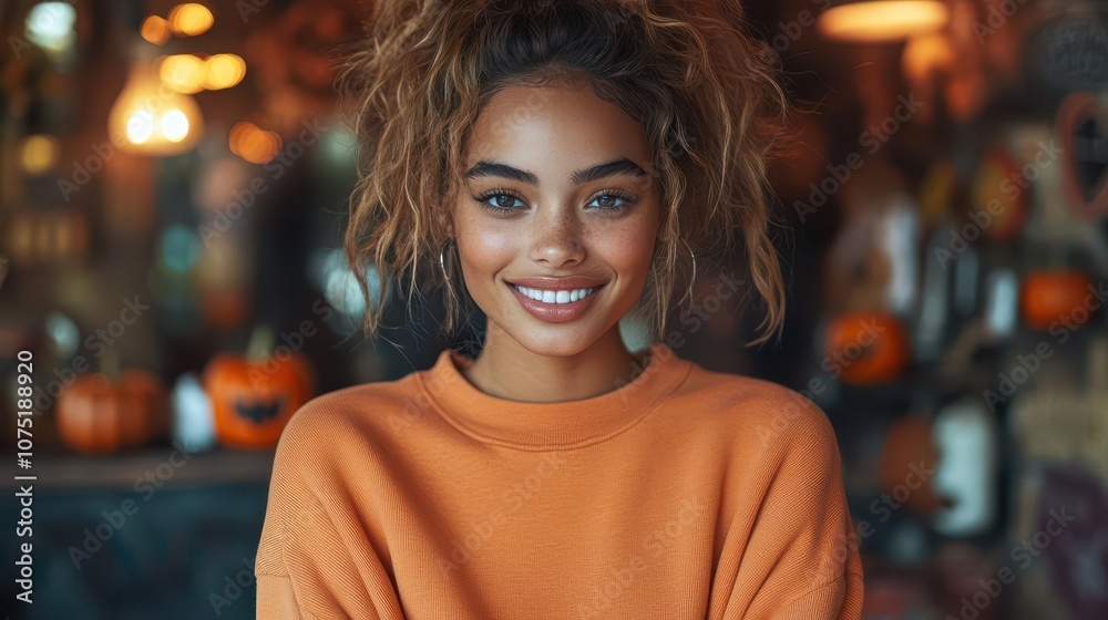 Obraz premium smiling model wearing an oversized orange sweatshirt, standing in a creatively decorated halloween-themed room, embracing a cozy yet festive vibe, warm lighting enhancing the ambiance