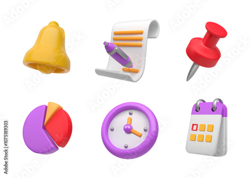 3d business icons. Work laptop. Coffee and clock. Finance calendar date. Job time bell. book and briefcase. Office document signature. Stationery pin. Vector render design symbols set