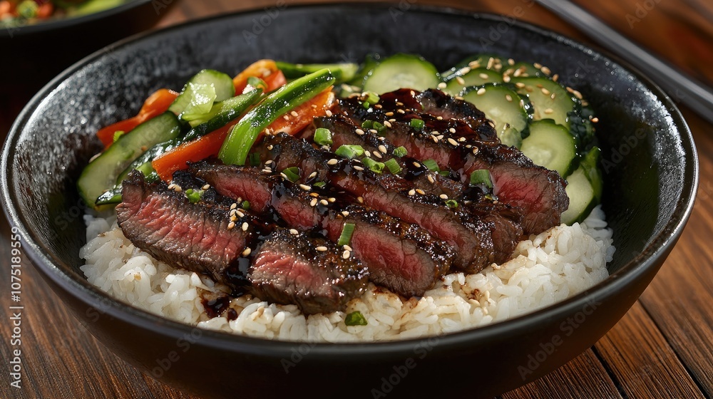 Juicy Grilled Steak Sliced and Served on a Bed of Steamed White Rice with Fresh Vegetables for a Delicious Asian-Inspired Dish in a Black Bowl Juicy Grilled Steak Sliced and Served on a Bed of Steamed White Rice with Fresh Vegetables for a Delicious Asian-Inspired Dish in a Black Bowl