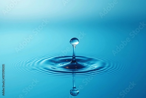 Peaceful Moment of Water Drop Falling with Gentle Ripples on a Calm Blue Surface