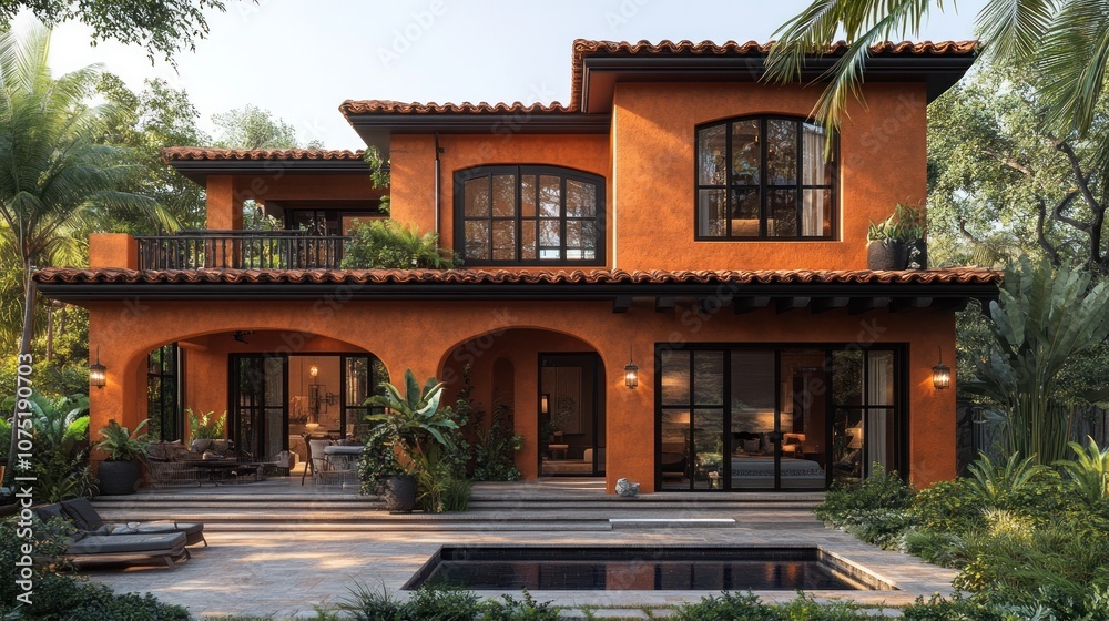 Obraz premium A vibrant orange house surrounded by lush greenery and a pool.